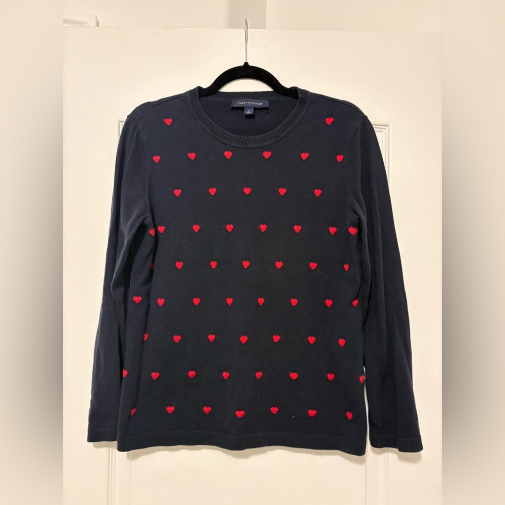 Tommy Hilfiger Navy Sweater with Red Heart Pattern